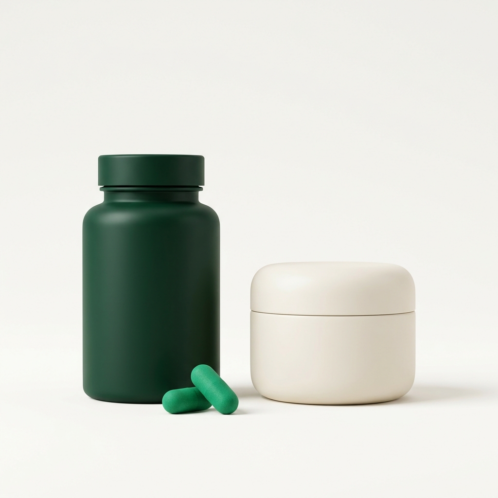 Supplement capsule bottle and cosmetic cream jar illustration for consumer brands