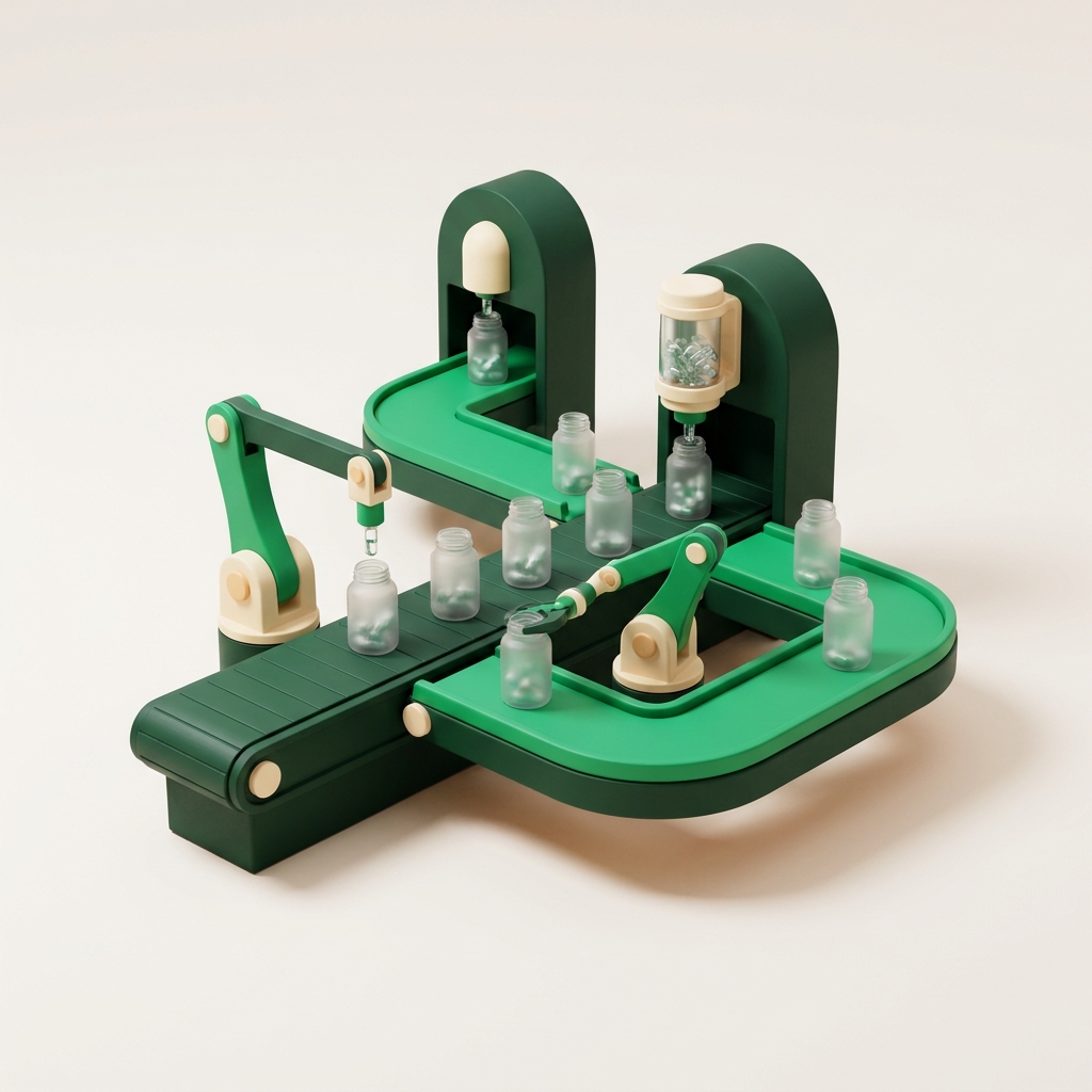 Pharmaceutical capsule filling manufacturing line illustration for CDMOs and manufacturers