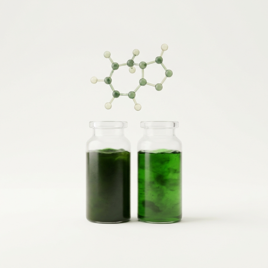 Botanical extract vials with molecular structure illustration for ingredient manufacturers